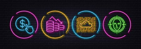 Illustration for Cloud system, Money loss and Buy currency minimal line icons. Neon laser 3d lights. Face detect icons. For web, application, printing. Data storage, Economy bankruptcy, Money exchange. Vector - Royalty Free Image