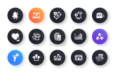 Illustration for Minimal set of Graph chart, Chemistry molecule and Clock bell flat icons for web development. Accepted payment, Arena stadium, Card icons. Agent, Laptop repair, Volunteer web elements. Vector - Royalty Free Image