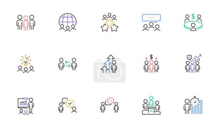 Illustration for Meeting line icons set. Conference, seminar discussion, classroom. Team, work and business idea icons. Classroom job, people management. Presentation, office meeting, consultation. Vector - Royalty Free Image