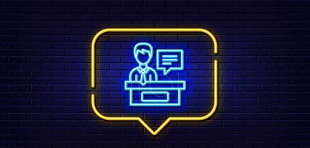 Illustration for Neon light speech bubble. Exhibitors line icon. Information desk sign. Neon light background. Exhibitors glow line. Brick wall banner. Vector - Royalty Free Image