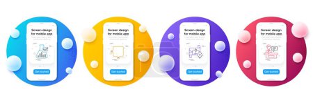 Illustration for Minimal set of Puzzle, Map and Chemistry lab line icons for web development. Phone ui interface mockup with balls. Exhibitors icons. Puzzle piece, Journey road, Laboratory flask. Vector - Royalty Free Image