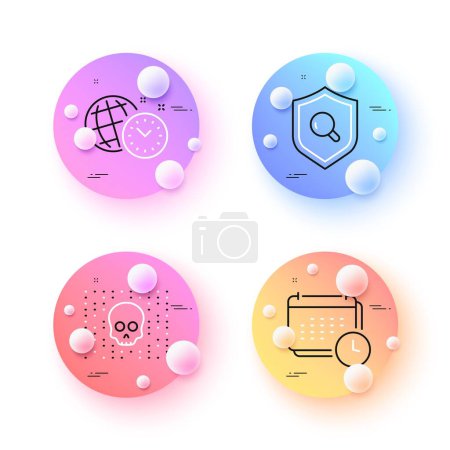 Cyber attack, Calendar and Time management minimal line icons. 3d spheres or balls buttons. Inspect icons. For web, application, printing. Phishing skull, Schedule planner, World clock. Vector