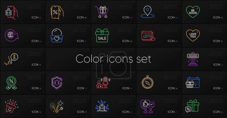 Illustration for Set of Sale gift, Fireworks and Discount medal line icons. Include Puzzle options, Discounts app, Sale offer icons. Luggage protect, Travel compass, Be good web elements. Smile. Vector - Royalty Free Image