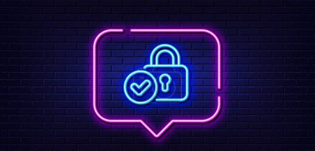 Illustration for Neon light speech bubble. Verified locker line icon. Approved protection lock sign. Confirmed security symbol. Neon light background. Verified locker glow line. Brick wall banner. Vector - Royalty Free Image