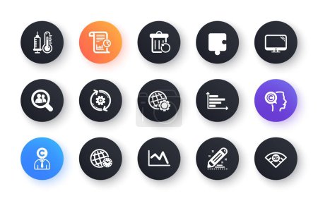 Illustration for Minimal set of Horizontal chart, Search employees and Cogwheel flat icons for web development. Time zone, Brand contract, Recovery trash icons. Copyrighter, Writer, Puzzle web elements. Vector - Royalty Free Image
