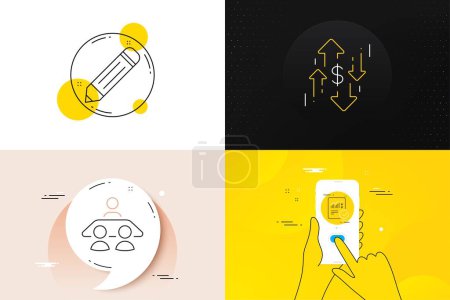 Illustration for Minimal set of Pencil, Dollar rate and Interview job line icons. Phone screen, Quote banners. Checked calculation icons. For web development. Edit data, Currency changes, Consulting. Vector - Royalty Free Image