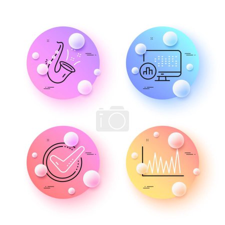 Illustration for Line graph, Confirmed and Jazz minimal line icons. 3d spheres or balls buttons. Report statistics icons. For web, application, printing. Market diagram, Accepted message, Saxophone. Vector - Royalty Free Image