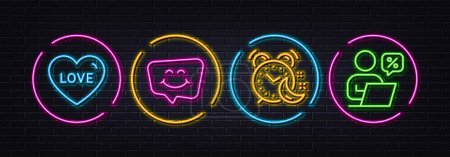 Illustration for Love, Smile chat and Alarm minimal line icons. Neon laser 3d lights. Online discounts icons. For web, application, printing. Sweetheart, Happy face, Night clock. Internet sale. Vector - Royalty Free Image