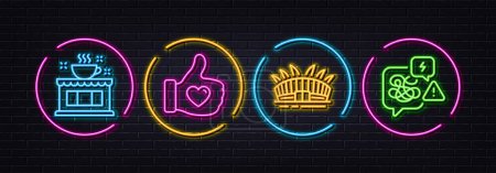 Illustration for Arena stadium, Coffee shop and Like hand minimal line icons. Neon laser 3d lights. Stress icons. For web, application, printing. Sport complex, Tea house, Thumbs up. Messy anxiety. Vector - Royalty Free Image