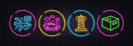 Illustration for Car travel, Lighthouse and Vip flight minimal line icons. Neon laser 3d lights. Office box icons. For web, application, printing. Transport, Searchlight tower, Charter airplane. Delivery box. Vector - Royalty Free Image