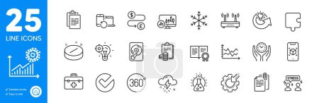 Illustration for Outline icons set. Augmented reality, Thunderstorm weather and Verify icons. Puzzle, Wifi, Seo gear web elements. Candlestick chart, First aid, Diagram chart signs. Vector - Royalty Free Image