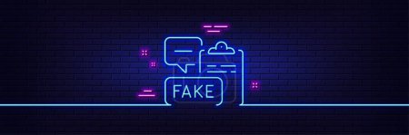 Illustration for Neon light glow effect. Fake document line icon. Propaganda conspiracy clipboard sign. Wrong truth symbol. 3d line neon glow icon. Brick wall banner. Fake document outline. Vector - Royalty Free Image