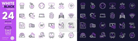 Illustration for Healthy food, Interview job and 5g wifi line icons for website, printing. Collection of Laptop, Takeaway coffee, World planet icons. 360 degrees, Medical food, Fingerprint web elements. Vector - Royalty Free Image