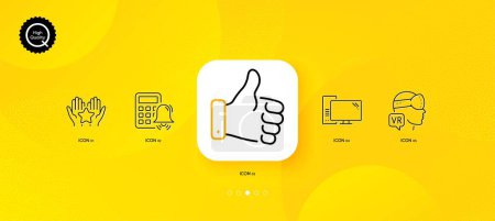 Illustration for Calculator alarm, Ranking and Computer minimal line icons. Yellow abstract background. Like hand, Augmented reality icons. For web, application, printing. Accounting, Hold star, Pc component. Vector - Royalty Free Image