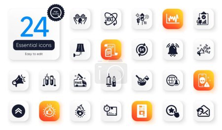 Illustration for Set of Business flat icons. Stock analysis, Loyalty star and Heart flame elements for web application. Cooking whisk, Megaphone, Full rotation icons. Chemistry beaker, Inspect. Vector - Royalty Free Image