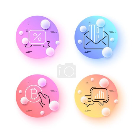 Illustration for Credit card, Bitcoin pay and Graph chart minimal line icons. 3d spheres or balls buttons. Discounts ribbon icons. For web, application, printing. Mail, Cryptocurrency coin, Growth report. Vector - Royalty Free Image