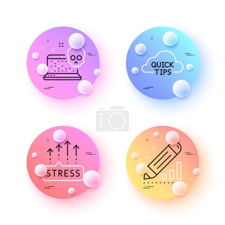 Illustration for Quick tips, Edit statistics and Cyber attack minimal line icons. 3d spheres or balls buttons. Stress grows icons. For web, application, printing. Helpful tricks, Seo manage, Computer hacking. Vector - Royalty Free Image