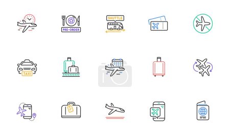 Illustration for Airport line icons set. Boarding pass, Baggage claim, Arrival. Connecting flight, tickets, pre-order food icons. Passport control, airport baggage carousel, flight mode. Vector - Royalty Free Image
