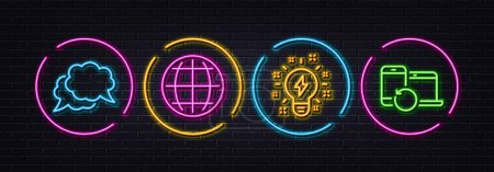 Illustration for Globe, Inspiration and Chat message minimal line icons. Neon laser 3d lights. Recovery devices icons. For web, application, printing. Internet world, Creativity, Speech bubble. Backup data. Vector - Royalty Free Image