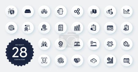 Illustration for Set of Science icons, such as Chemistry beaker, Inspect and Augmented reality flat icons. Organic tested, 5g wifi, Quick tips web elements. Time management, Certificate. Circle buttons. Vector - Royalty Free Image