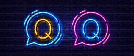 Illustration for Initial letter Q icon. Neon light line effect. Line typography character sign. Large first font letter. Glowing neon light speech bubble. Letter Q glow 3d line. Brick wall banner. Vector - Royalty Free Image