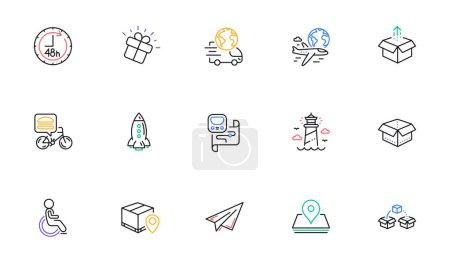 Illustration for 48 hours, Parcel shipping and Paper plane line icons for website, printing. Collection of Lighthouse, Disability, International flight icons. Pin, Open box, Send box web elements. Vector - Royalty Free Image