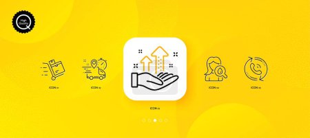 Illustration for Express delivery, Call center and Inventory cart minimal line icons. Yellow abstract background. Moisturizing cream, Analysis graph icons. For web, application, printing. Vector - Royalty Free Image