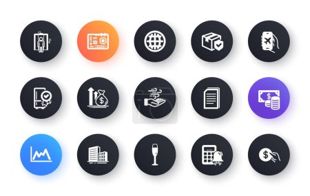 Illustration for Minimal set of Calculator alarm, Budget and Certified refrigerator flat icons for web development. Coins banknote, Copy files, Flight mode icons. Wind energy, Motherboard, Diagram web elements. Vector - Royalty Free Image