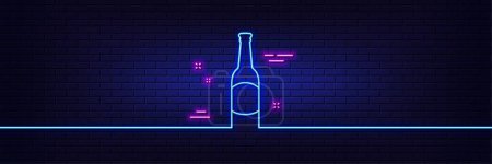 Illustration for Neon light glow effect. Beer bottle line icon. Pub Craft beer sign. Brewery beverage symbol. 3d line neon glow icon. Brick wall banner. Beer outline. Vector - Royalty Free Image