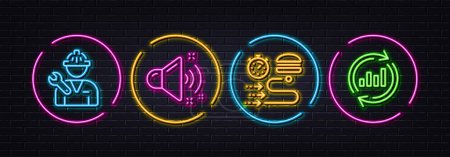 Illustration for Food delivery, Loud sound and Repairman minimal line icons. Neon laser 3d lights. Update data icons. For web, application, printing. Order timer, Music, Repair service. Sales chart. Vector - Royalty Free Image