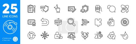 Illustration for Outline icons set. Undo, Recycle and Internet icons. Full rotation, Lock, Vinyl record web elements. Hydroelectricity, Photo edit, Warning signs. Balloons, Certificate, Search. Vector - Royalty Free Image