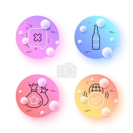 Illustration for Verified internet, Reject and Loyalty points minimal line icons. 3d spheres or balls buttons. Beer bottle icons. For web, application, printing. Confirmed web, Delete message, Money bags. Vector - Royalty Free Image