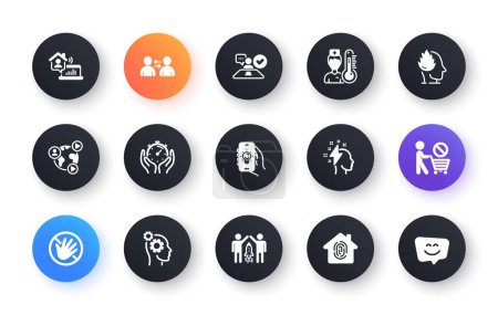 Illustration for Minimal set of Thermometer, Job interview and Timer flat icons for web development. Brainstorming, Work home, Fingerprint access icons. Video conference, Thoughts, Electric app web elements. Vector - Royalty Free Image