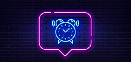 Illustration for Neon light speech bubble. Alarm clock line icon. Time or watch sign. Neon light background. Alarm clock glow line. Brick wall banner. Vector - Royalty Free Image
