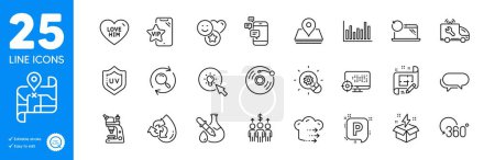 Illustration for Outline icons set. Search, Smile and Pin icons. Communication, Microscope, Map web elements. Bar diagram, Full rotation, Recovery laptop signs. Vip phone, Messenger, Innovation. Vector - Royalty Free Image