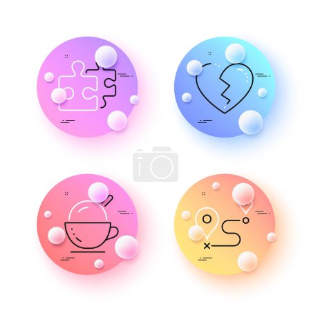 Illustration for Broken heart, Puzzle and Ice cream minimal line icons. 3d spheres or balls buttons. Journey icons. For web, application, printing. Love end, Jigsaw, Coffee cup. Trip distance. Vector - Royalty Free Image
