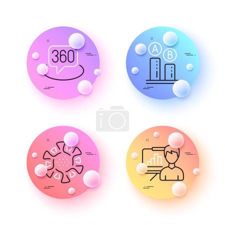 Ilustración de Tablero de presentación, 360 grados y Coronavirus iconos de línea mínima. esferas 3d o botones de bolas. Iconos de pruebas Ab. Para web, aplicación, impresión. Cuadro de crecimiento, realidad virtual, virus Covid-19. Vector - Imagen libre de derechos