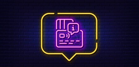 Illustration for Neon light speech bubble. Credit card line icon. Approved bank money payment sign. Non-cash pay symbol. Neon light background. Card glow line. Brick wall banner. Vector - Royalty Free Image