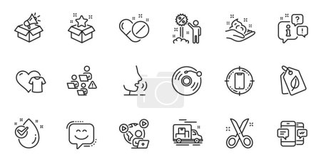 Illustration for Outline set of Bio tags, Megaphone box and Vinyl record line icons for web application. Talk, information, delivery truck outline icon. Include Teamwork, Smile face, Video conference icons. Vector - Royalty Free Image