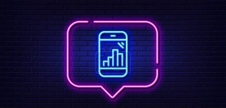 Illustration for Neon light speech bubble. Graph phone line icon. Column chart sign. Growth diagram symbol. Neon light background. Graph phone glow line. Brick wall banner. Vector - Royalty Free Image