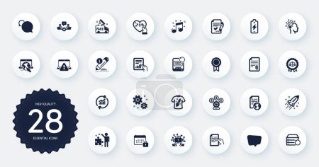 Illustration for Set of Education icons, such as Recovery server, Messenger and Document flat icons. Justice scales, Chat message, Fake news web elements. Attachment, Approved agreement, Update data signs. Vector - Royalty Free Image