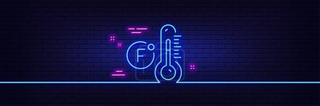 Illustration for Neon light glow effect. Fahrenheit thermometer line icon. Temperature diagnostic sign. Fever measuring symbol. 3d line neon glow icon. Brick wall banner. Fahrenheit thermometer outline. Vector - Royalty Free Image