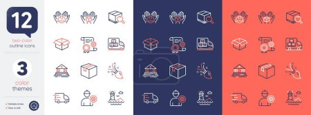 Illustration for Set of Opened box, Lighthouse and Brush line icons. Include Builders union, Parcel, Construction document icons. Engineer, Court building, Hold box web elements. Truck delivery. Vector - Royalty Free Image
