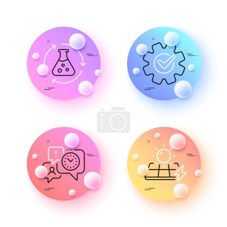 Ilustración de Cogwheel, Gestión del tiempo y Química experimentan iconos de línea mínimos. esferas 3d o botones de bolas. Iconos paneles solares. Para web, aplicación, impresión. Vector - Imagen libre de derechos