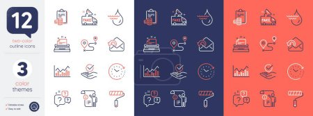 Illustration for Set of Paint roller, Manual doc and Send mail line icons. Include Approved, Accounting, Hydroelectricity icons. Question bubbles, Journey, Infochart web elements. Typewriter, Fake news. Vector - Royalty Free Image
