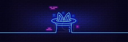 Illustration for Neon light glow effect. Hat-trick line icon. Magic tricks with hat and rabbit sign. Illusionist show symbol. 3d line neon glow icon. Brick wall banner. Hat-trick outline. Vector - Royalty Free Image