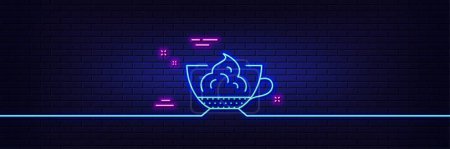 Illustration for Neon light glow effect. Espresso with whipped cream icon. Hot coffee drink sign. Beverage symbol. 3d line neon glow icon. Brick wall banner. Espresso cream outline. Vector - Royalty Free Image
