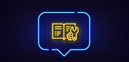 Illustration for Neon light speech bubble. Engineering documentation line icon. Technical instruction sign. Neon light background. Engineering documentation glow line. Brick wall banner. Vector - Royalty Free Image