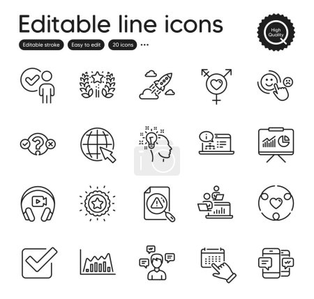 Illustration for Set of Education outline icons. Contains icons as Smartphone sms, Verification person and Search document elements. Checkbox, Presentation, Startup rocket web signs. Inclusion. Vector - Royalty Free Image