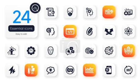 Illustration for Set of Science flat icons. Report, Thoughts and Education idea elements for web application. Energy, Electricity, Difficult stress icons. Intersection arrows, Hypoallergenic tested. Vector - Royalty Free Image